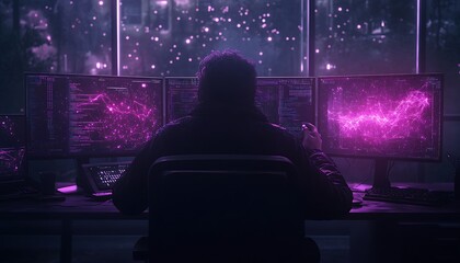 Poster - A mysterious figure sits in front of multiple glowing screens, surrounded by a cosmic backdrop, suggesting themes of technology and exploration.