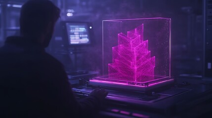 Poster - A mysterious, tech-inspired scene featuring a person interacting with a glowing, holographic structure in a dark, digital environment.