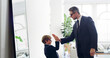 © peopleimages.com - Business, high five or suit with father and son in living room of home for work experience. Motivation, role model or success with single parent man and boy child in apartment for morning routine