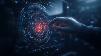 Aufkleber - A hand touches a digital interface, activating vibrant patterns and a central red light, evoking themes of technology, interaction, and futuristic design.