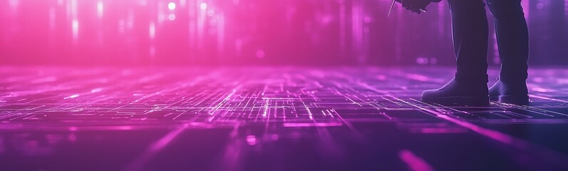 Poster - A digital scene featuring feet on a glowing floor with vibrant pink and purple hues, suggesting a futuristic or technological environment.