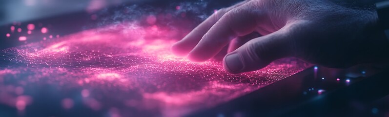 Aufkleber - A glowing hand interacts with vibrant cosmic particles, creating a mesmerizing visual of light and energy.