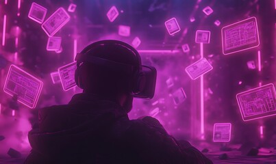 Poster - A person wearing a VR headset in a vibrant, neon-lit environment surrounded by floating digital screens.