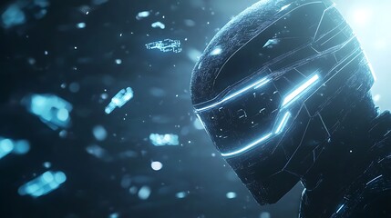 Poster - A futuristic humanoid figure with glowing lines in a dark, icy environment, surrounded by floating shards, evoking a sci-fi aesthetic.