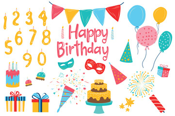 Poster - Happy birthday set elements in flat graphic design. Collection of cakes with candles, cupcakes, carnival mask, party hats, balloons, fireworks, flag garland, numbers, gift boxes. Vector illustration.