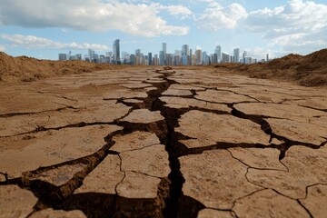 Wall Mural - a cracked, dry landscape in the foreground contrasts with a distant city skyline under a partly clou