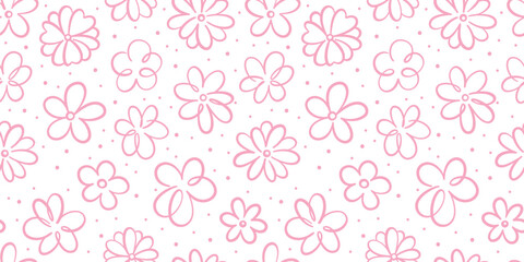 Poster - Cute doodle cartoon flower seamless repeating vector pattern, spring background, pink and white wallpaper illustration, endless tile