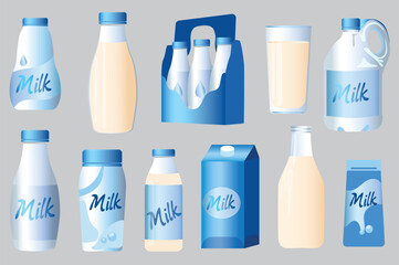 Aufkleber - Milk bottle elements in flat graphic design. Collection of different types of dairy drink containers, gallon jug, plastic bottles with lids, cardboard pack with handle, paper box. Vector illustration.