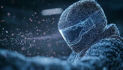 Poster - A futuristic figure in a helmet, surrounded by shimmering particles, embodies a blend of technology and mystery in a dark, digital environment.