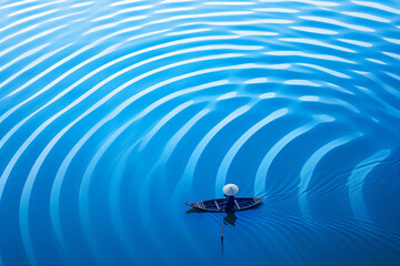 Poster - A small boat floats on a tranquil blue lake, creating ripples in the water that radiate outward, showcasing a peaceful and reflective moment in nature for landscapes.