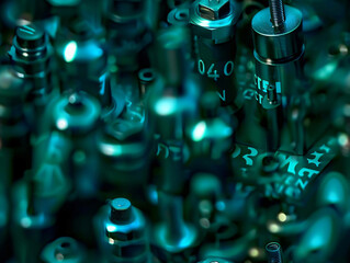 Poster - A close-up view of metallic objects in various shades of teal and blue creates an intricate and visually complex pattern, emphasizing modern design aesthetics for graphic resources.