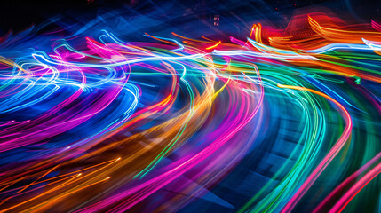 Poster - A dynamic light trail captures colorful streaks of neon hues flowing across a dark background, depicting energy and motion in an abstract artistic style for graphic resources.