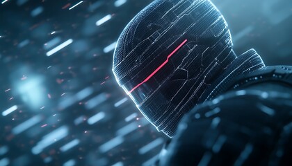 Aufkleber - A futuristic warrior with a glowing helmet stands against a backdrop of falling snow, showcasing a mysterious and high-tech aesthetic.