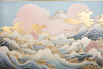 Poster - A picturesque artwork features stylized waves and clouds painted in soft hues with gold accents, representing a serene and elegant natural scene for culture & religion.