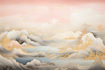 Poster - A serene painting depicts gentle waves and soft clouds in pastel colors, creating a tranquil landscape with a river, embodying calmness and beauty for culture & religion.
