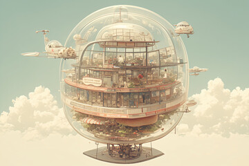 Poster - A whimsical futuristic city encapsulated in a bubble features flying vehicles and lush greenery, illustrating a creative vision of urban life harmoniously integrated with nature for technology.