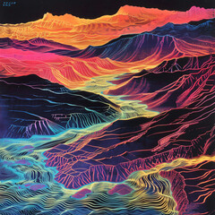 Poster - Illustration of colorful mountains in shades of pink, purple, and blue, with intricate line patterns depicting valleys and rivers flowing through the rugged terrain, enhancing the vibrant landscape.