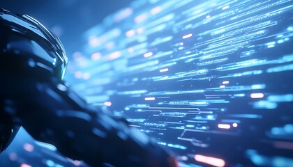 Aufkleber - A futuristic scene featuring a digital interface with glowing data streams and a partial view of a sleek, armored figure reaching out into the virtual world.
