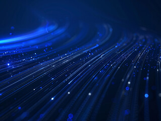 Poster - An abstract representation of blue light streaks against a dark background, featuring glowing particles that create a sense of depth and motion in a mesmerizing visual display.
