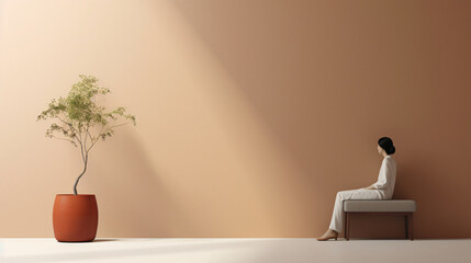 Poster - A minimalist scene depicting a person sitting on a bench next to a potted tree against a soft-colored wall, emphasizing simplicity and tranquility in a modern, artistic setting.