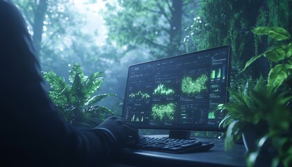 Poster - A person works on a computer surrounded by lush greenery in a misty forest, combining technology and nature for a tranquil yet high-tech atmosphere.