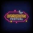 © bohlam - ramadhan festival neon sign vector with brick wall background