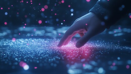 Aufkleber - A hand reaches out, touching a surface of shimmering particles, creating a mesmerizing display of light and color in a mystical atmosphere.