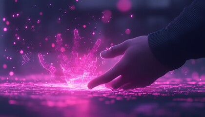 Poster - A mystical hand reaching down to a glowing pink surface, creating splashes of light and energy, embodying a theme of magic and connection.