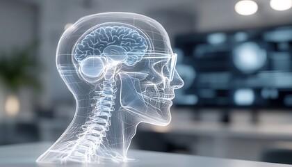 Aufkleber - A translucent digital depiction of a human head showcasing brain and neural connections, set against a modern tech background.