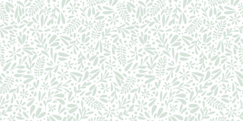 Wall Mural - White ditsy leaves and flower vector repeat pattern, tiny flower print, cute green spring background texture, pastel mint wallpaper design