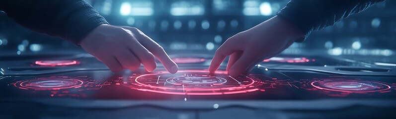 Aufkleber - Two hands reaching toward a glowing, interactive interface with vibrant red designs, suggesting advanced technology and communication.