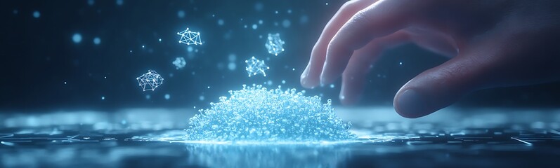 Aufkleber - A glowing mound of ice reflects gentle snowflakes as a hand reaches out to interact with the cool, shimmering surface.