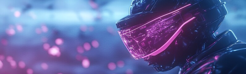 Aufkleber - A futuristic figure in a glowing visor helmet, surrounded by ethereal lights, embodies a cybernetic theme with a vibrant, digital atmosphere.