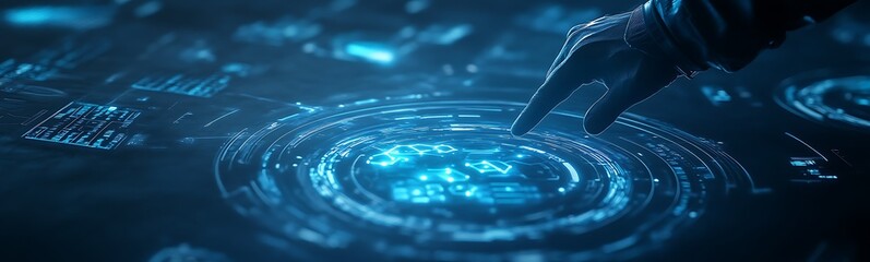 Aufkleber - A glowing hand interacts with a circular pattern of digital data, creating vibrant ripples in a futuristic blue-green environment.