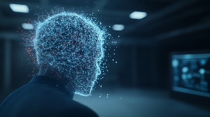 Poster - a digital face composed of glowing particles, representing a futuristic concept of artificial intell