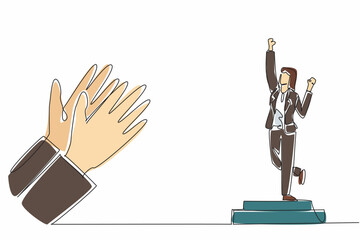 Poster - single continuous line drawing woman in blazer standing on the podium. celebratory pose. successful 