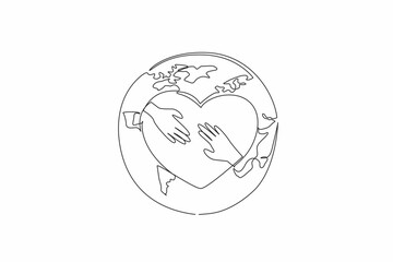 Poster - Single one line drawing heart with two palms in middle on a globe background. Global unity. Collaboration. Positive impact. Equitable world. World NGO Day. Continuous line design graphic illustration