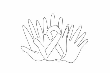 Poster - Continuous one line drawing three overlapping palms in campaign colors. Collective strength. Resilience. Hope. Support. Empathy. Unity. Rare Disease Day. Single line draw design vector illustration