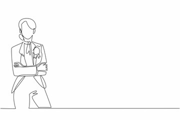 Poster - Single continuous line drawing woman in blazer stands with arms crossed, medal pinned to chest. Career achievements in the golden age. Employee Appreciation Day. One line design vector illustration