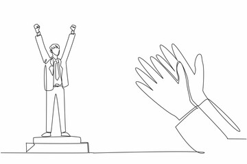 Poster - Single one line drawing man in suit and tie standing at podium. A pinnacle of achievement. Culmination of hard work. Dedication. Employee Appreciation Day. Continuous line design graphic illustration