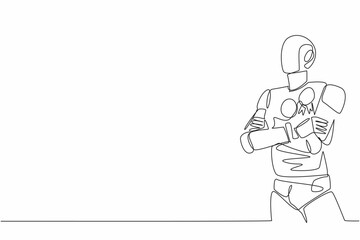 Poster - Single one line drawing a robot stands with arms crossed, medal pinned to chest. Winner of the future of innovation. Technology. Employee Appreciation Day. Continuous line design graphic illustration
