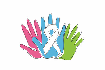 Poster - Continuous one line drawing three overlapping palms in campaign colors. Collective strength. Resilience. Hope. Support. Empathy. Unity. Rare Disease Day. Single line draw design vector illustration