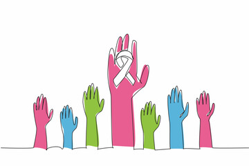 Poster - Single continuous line drawing seven hands of various sizes raised. One of them has a ribbon campaign. Collective commitment to raising awareness. Rare Disease Day. One line design vector illustration
