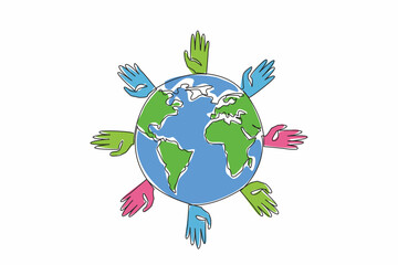 Poster - Continuous one line drawing a globe surrounded by hands of various colors. The global community coming together to support those affected. Rare Disease Day. Single line draw design vector illustration