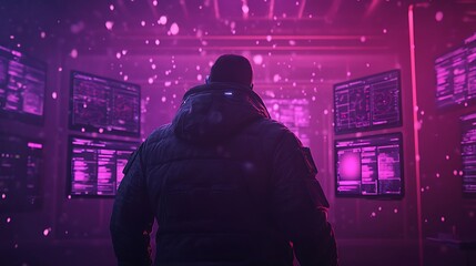 Poster - A figure stands before glowing screens in a dark, futuristic environment illuminated by pink and purple hues, surrounded by floating particles resembling snow.