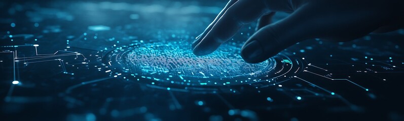 Aufkleber - A hand gently interacts with a luminous digital interface, representing advanced technology and data visualization.