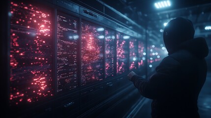 Aufkleber - A person in a dark environment interacts with glowing, network-like displays, suggesting a tech or cyber theme.