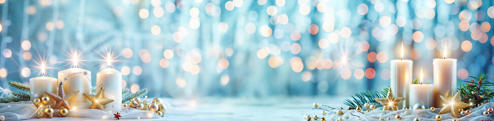 Poster - Festive Candle Display with Bokeh Lights in Winter Wonderland Setting.Winter Christmas, Advent still life. banner