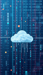 Poster - cloud icon on blue digital background with binary code data storage and cloud computing concept vertical format