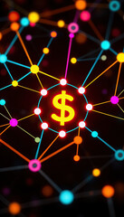 Poster - glowing network with dollar sign in center financial network blockchain and cryptocurrency concept